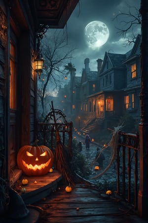 A hauntingly eerie Halloween scene: A jack-o-lantern's glowing face, aglow in the dark of night, sits atop a weathered wooden porch, surrounded by cobweb-covered railings. A witch's hat and broomstick lean against the doorframe, as a crescent moon casts an ominous glow on the deserted suburban street, where candy corn and spider webs adorn the houses, while costumed trick-or-treaters await their sweet treats in the flickering light of porch lamps.