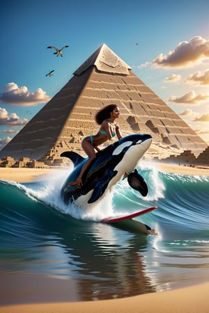 
professional candid photo, masterpiece, 
highly detailed, 
hyper realistic, aesthetic, 
cinematic lighting. 
intricate details, 
sharp focus, ,

an orca whale carrying a sexy naked african woman  , 
Surfing the tranquil transparent ocean  , 
The ocean surrounds the pyramids of Giza,

joyful, ,photo r3al