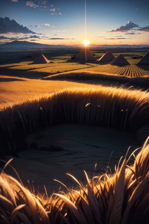 landscape, Pyramids, Wheat ears, sunset, red and pick clouds, dynamic angle, realistic, full view from above