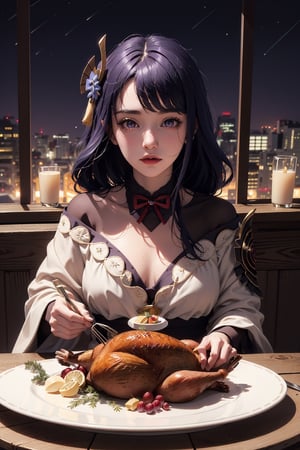 masterpiece,raidenshogundef,masterpiece, incredibly absurdres, ultra detailed, ultra quality, sharp focus, soft smile, 1girl, sitting, table, nighttime, big window, {(((she Holding a turkey on a plate)))}. animated eating,Detailedface