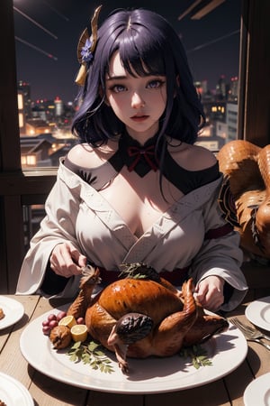 masterpiece,raidenshogundef,masterpiece, incredibly absurdres, ultra detailed, ultra quality, sharp focus, soft smile, 1girl, sitting, table, nighttime, big window, {(((she Holding a turkey on a plate)))}. animated eating,Detailedface