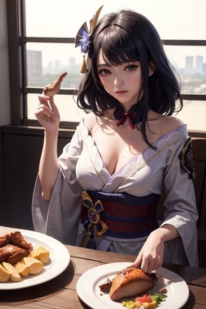 masterpiece,raidenshogundef,masterpiece, incredibly absurdres, ultra detailed, ultra quality, sharp focus, soft smile, 1girl, sitting, table, nighttime, big window, {(she Holding a turkey on a plate)}. animated eating