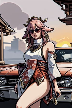 GAME_GTA6_TrailerGirl_ownwaifu,
((masterpiece)),((best quality)),(highres, absurdres), original, official_art, chromatic_aberration, light_particles, bokeh, bloom, depth_of_field, outdoors, day, looking at viewer, solo, cowboy shot,Sunglasses, pistols, gangsters, red tones, sunset tones, sunset ,ganster,Car,gun,style{(((yoimiyadef)))},{(((Sunsets)))}, {(((Evening sunsets)))}.,gtasa2004,More Detail,yaemikodef