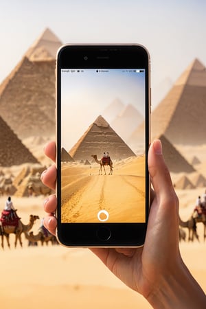 People who have an iPhone with a photo of (Pyramids-Egypt), Real, Minimalist, Real, Study Blur, (camels in background), ((naked woman in the shot)) ,