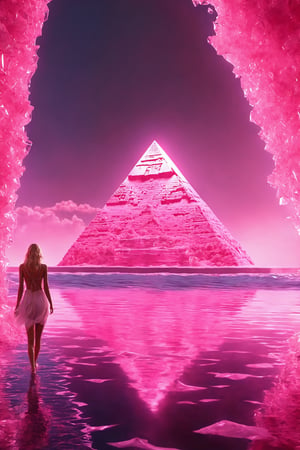 [a translucent pyramids of Giza made of pink light made from a cloud of dust in the middle of the transparent Watercolor ocean], 
Huge white plasma waves sticking one side of the pink pyramids , 
A blonde naked woman walking on water ,

intricate design, 
photorealistic, 
hyper-realistic, 
high definition, 
extremely detailed, 
cinematic, 
UHD, HDR, 32k, ultra hd, 
realistic, 
dark muted tones, 
highly detailed, 
perfect composition, 
beautiful intricate detailing , 
incredibly detailed octane render, trending on artstation,ice and water