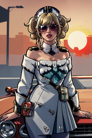 GAME_GTA6_TrailerGirl_ownwaifu,
((masterpiece)),((best quality)),(highres, absurdres), original, official_art, chromatic_aberration, light_particles, bokeh, bloom, depth_of_field, outdoors, day, looking at viewer, solo, cowboy shot,Sunglasses, pistols, gangsters, red tones, sunset tones, sunset ,ganster,Car,gun,style{(((barbaradef)))},{(((Sunsets)))}, {(((Evening sunsets)))}.,gtasa2004,More Detail,barbaradef