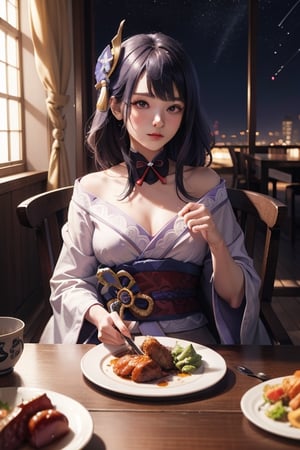 masterpiece,raidenshogundef,masterpiece, incredibly absurdres, ultra detailed, ultra quality, sharp focus, soft smile, 1girl, sitting, table, nighttime, big window, whole Turkey on a plate. animated eating