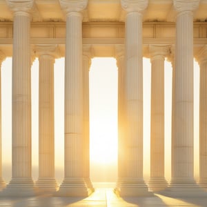 A grand view of a classical Greek temple, featuring a row of majestic Doric columns, standing tall and evenly spaced. The columns are made of smooth, white marble, with fluted shafts and simple capitals. The scene is bathed in the golden light of the setting sun, casting long shadows and highlighting the intricate details of the architecture. The composition is symmetrical, with the columns leading the eye towards the temple's entrance, creating a sense of grandeur and timelessness.