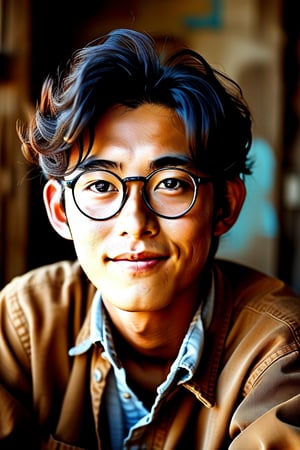 A portrait of a 23-year-old male from Henan, China, depicted as significantly overweight, wearing glasses, and with thinning hair. His eyes are narrow and squinting, accompanied by a cheerful smile. The lighting is warm and soft, enhancing his friendly expression. The composition centers on him, capturing a relaxed pose, possibly in a comfortable environment, emphasizing his jovial character.