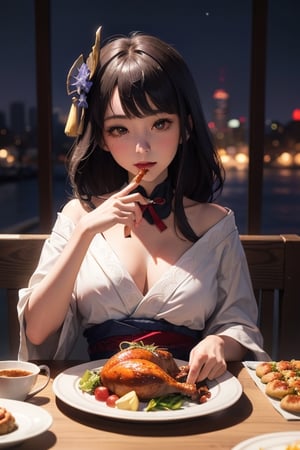 masterpiece,raidenshogundef,masterpiece, incredibly absurdres, ultra detailed, ultra quality, sharp focus, soft smile, 1girl, sitting, table, nighttime, big window, {(whole turkey on a plate)}. animated eating