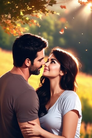 Touching scene, couple in love (farm) Emotional expression, ((a man handsome, very attractive, dark-haired, rude, 38-year-old man)) ((a woman beautiful, very beauty, dark-haired, long-haired, slender, 30-year-old woman)), Illustration, High Resolution, Lighting, Passionate, Cute Facial Features, Emotional Scene, Couple Kissing, Affectionate Expression, (Casual, Country Wear), Mixed Media Tools, Mixed Media, High Resolution, Warm Lighting, Affectionate Intimate Facial Features, Beautiful Landscape Background