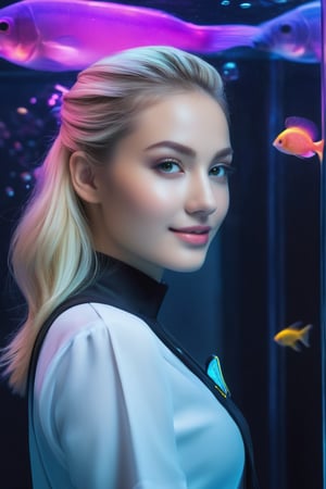 photo realistic, full color, (cyber punk:1.3, neon lighting, fractal illumination:1.23), dynamic posing, upper body from below, (OverallDetail:1.1), (floating glowing jellyfish and fish in the midnight aquarium:1.23), (a smiling exquisitely beautiful European actress enjoys in arch shaped glass corridor of a midnight aquarium and wearing half-sleeves school uniform :1.23), abs waist, blonde color Low bun, (fair skin:1.1), (slim face:1.1), (yellow eyes clear eyes:1.1, symmetrical eyes), long nose.,