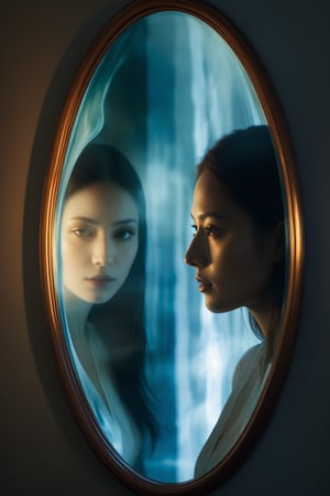 double exposure effect, woman facing mirror, eerie reflection in mirror, surreal imagery, mysterious aura, distorted reality, ethereal glow, soft shadows, otherworldly figure in reflection, psychological depth, introspective atmosphere, haunting beauty, abstract forms, translucent layers, dreamlike quality, visual metaphors, (masterpiece: 2), best quality, ultra highres, original, extremely detailed, perfect lighting, 