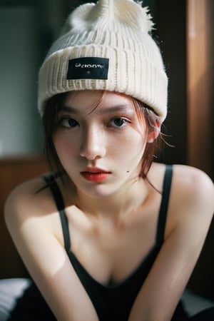 xxmixgirl,Thorough, analog style, eye focus, highest quality, (highly detailed skin), photo of a exquisitely beautiful pale skin punk Dutch girl, 21yo, (wearing harness, and beanie), perfect face, alluring eyes, [seductive makeup], skin pores, (piercing:0.5), indoor, messy bedroom, (bokeh:0.6), sharp focus, dappled lighting, (backlighting:0.7), film grain, photographed on a Sony A7R IV, 18mm F/1.7 cine lens, (highly detailed, intricately detailed), 8k, HDR, seductively posing, front view, (uppper body:0.9),FilmGirl