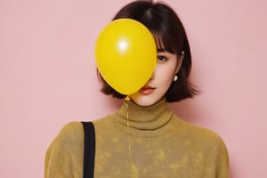 1 koera girl,Vogue style (magazine_cover:1.5) ,short hair,bangs,fashion outfit, portrait , colorfull ballon background , yellow splash,xxmixgirl