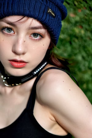 xxmixgirl,Thorough, analog style, eye focus, highest quality, (highly detailed skin), photo of a exquisitely beautiful pale skin punk Dutch girl, 21yo, (wearing harness, and beanie), perfect face, alluring eyes, [seductive makeup], skin pores, (piercing:0.5), indoor, messy bedroom, (bokeh:0.6), sharp focus, dappled lighting, (backlighting:0.7), film grain, photographed on a Sony A7R IV, 18mm F/1.7 cine lens, (highly detailed, intricately detailed), 8k, HDR, seductively posing, front view, (uppper body:0.9)