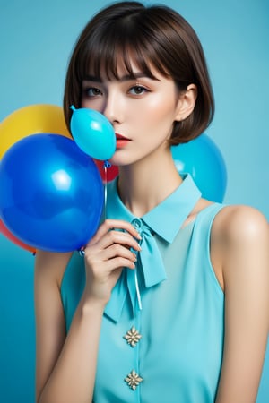 1 koera girl,Vogue style (magazine_cover:1.5) ,short hair,bangs,fashion outfit, portrait , colorfull ballon background , blue splash