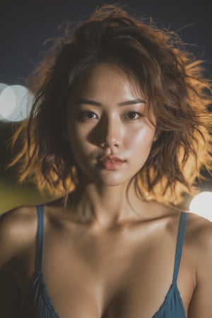 (from below:1.4). 27 year old girl, slim waist, tan lines, deep photo, depth of field, Superia 400, shadows, messy hair, perfect face and body, dark, nighttime, dark photo, grainy, seductive smirk, ((eyes closed)), korean girl, ,xxmixgirl,xxmix_girl