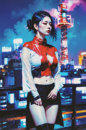 1girl, cyberpunk ,big_breasts, art by Agnes Cecile, by Jeremy Mann, 35mm, floating dust,more detail XL,,Vogue,aw0k euphoric style,Tokyo Tower,