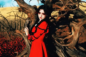 masterpiece, best quality, close up,girl standing under the dead tree, half body,black and red palette, eerie,mggirl