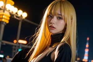 1girl,  long yellow hair, (bangs:1.2),  half body,  showcase,  Tokyo tower,  Night,  low key lighting,  dutch angle,  , FilmGirl, mggirl, Mecha body, dream_girl, xxmixgirl
