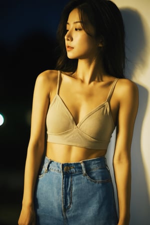 (from below:1.4). 27 year old girl, slim waist, tan lines, deep photo, depth of field, Superia 400, shadows, messy hair, perfect face and body, dark, nighttime, dark photo, grainy, seductive smirk, ((eyes closed)), korean girl, ,xxmixgirl