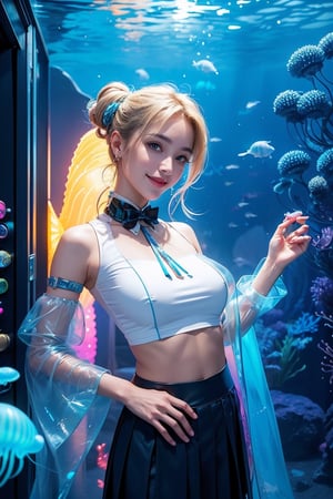 photo realistic, full color, (cyber punk:1.3, neon lighting, fractal illumination:1.23), dynamic posing, upper body from below, (OverallDetail:1.1), (floating glowing jellyfish and fish in the midnight aquarium:1.23), (a smiling exquisitely beautiful European actress enjoys in arch shaped glass corridor of a midnight aquarium and wearing half-sleeves school uniform :1.23), abs waist, blonde color Low bun, (fair skin:1.1), (slim face:1.1), (yellow eyes clear eyes:1.1, symmetrical eyes), long nose.,