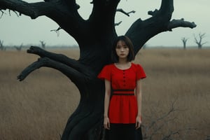 masterpiece, best quality, close up,girl standing under the dead tree, half body,black and red palette, eerie,mggirl