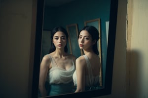 double exposure effect, woman facing mirror, eerie reflection in mirror, surreal imagery, mysterious aura, distorted reality, ethereal glow, soft shadows, otherworldly figure in reflection, psychological depth, introspective atmosphere, haunting beauty, abstract forms, translucent layers, dreamlike quality, visual metaphors, (masterpiece: 2), best quality, ultra highres, original, extremely detailed, perfect lighting