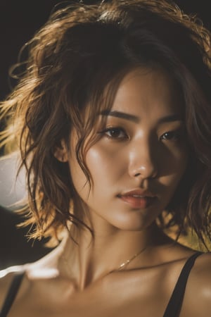 (from below:1.4). 27 year old girl, slim waist, tan lines, deep photo, depth of field, Superia 400, shadows, messy hair, perfect face and body, dark, nighttime, dark photo, grainy, seductive smirk, ((eyes closed)), korean girl, ,xxmixgirl,xxmix_girl