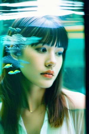 (Double exposure:1.3) 1girl, bangs,35mm,aquarium