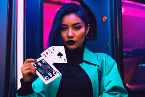 1girl, magician, show a deck of card, ace of spade,aw0k euphoric style,cyberpunk style