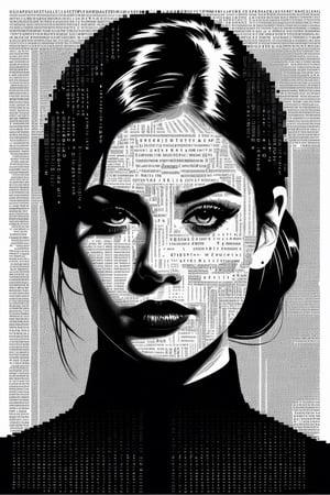 1girl,portrait composed of typographical elements,ASCII art aesthetic,monochrome,intricate details,creative use of letter shapes and negative space,high contrast,post-digital,