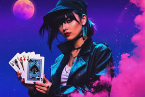 1girl, magician, show a deck of card, ink spary,ace of spade,floating dust,aw0k euphoric style,cyberpunk style