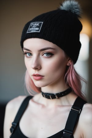 Thorough, analog style, eye focus, highest quality, (highly detailed skin), photo of a exquisitely beautiful pale skin punk Dutch girl, 21yo, (wearing harness, and beanie), perfect face, alluring eyes, [seductive makeup], skin pores, (piercing:0.5), indoor, messy bedroom, (bokeh:0.6), sharp focus, dappled lighting, (backlighting:0.7), film grain, photographed on a Sony A7R IV, 18mm F/1.7 cine lens, (highly detailed, intricately detailed), 8k, HDR, seductively posing, front view, (uppper body:0.9)