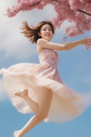 xxmixgirl ,1girl, solo, jumping, captured in an upward shot, vibrant watercolor style, flowing sundress with floral patterns, youthful appearance, long flowing chestnut hair, strands gently swaying in mid-air, bright hazel eyes, joyful and carefree expression, moderate breast size, barefoot, garden adorned with colorful blossoms, mid-leap with arms outstretched, capturing the moment of pure exhilaration and freedom,