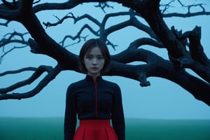 masterpiece, best quality, close up,girl standing under the dead tree, half body,black and red palette, eerie,mggirl