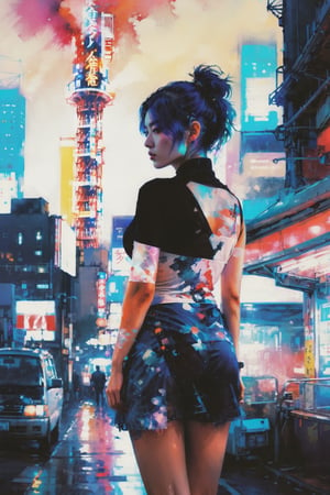 1girl, cyberpunk ,big_breasts, art by Agnes Cecile, by Jeremy Mann, 35mm, floating dust,more detail XL,,Vogue,aw0k euphoric style,Tokyo Tower,