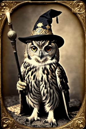 daguerreotype photograph of a Owl wearing a wizard's robe and wizard's hat,  holding a magic wand,  casting a spell,  inspired by The Middle Ages,  medieval art,  elaborate patterns and decoration,  Medievalism,  dagtime,