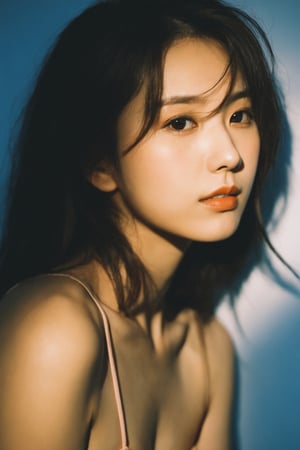 (from below:1.4). 27 year old girl, slim waist, tan lines, deep photo, depth of field, Superia 400, shadows, messy hair, perfect face and body, dark, nighttime, dark photo, grainy, seductive smirk, ((eyes closed)), korean girl, ,xxmixgirl