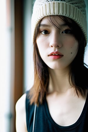 xxmixgirl,Thorough, analog style, eye focus, highest quality, (highly detailed skin), photo of a exquisitely beautiful pale skin punk Dutch girl, 21yo, (wearing harness, and beanie), perfect face, alluring eyes, [seductive makeup], skin pores, (piercing:0.5), indoor, messy bedroom, (bokeh:0.6), sharp focus, dappled lighting, (backlighting:0.7), film grain, photographed on a Sony A7R IV, 18mm F/1.7 cine lens, (highly detailed, intricately detailed), 8k, HDR, seductively posing, front view, (uppper body:0.9)