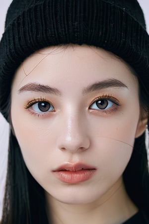 xxmixgirl,Thorough, analog style, eye focus, highest quality, (highly detailed skin), photo of a exquisitely beautiful pale skin punk Dutch girl, 21yo, (wearing harness, and beanie), perfect face, alluring eyes, [seductive makeup], skin pores, (piercing:0.5), indoor, messy bedroom, (bokeh:0.6), sharp focus, dappled lighting, (backlighting:0.7), film grain, photographed on a Sony A7R IV, 18mm F/1.7 cine lens, (highly detailed, intricately detailed), 8k, HDR, seductively posing, front view, (uppper body:0.9)