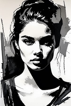 a drawing of a woman, portrait, lookin at the camera, black and white, hints of oil painting style, hints of watercolor style, brush strokes, negative white space, captivating beauty, crisp, sharp, textured collage, layered fibers, post-impressionist, hyper-realism, 