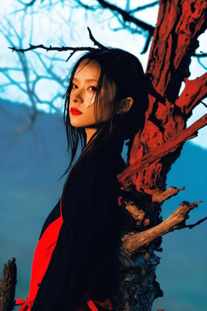 masterpiece, best quality, close up,girl standing under the dead tree, half body,black and red palette, eerie,mggirl