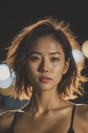 (from below:1.4). 27 year old girl, slim waist, tan lines, deep photo, depth of field, Superia 400, shadows, messy hair, perfect face and body, dark, nighttime, dark photo, grainy, seductive smirk, ((eyes closed)), korean girl, ,xxmixgirl,xxmix_girl