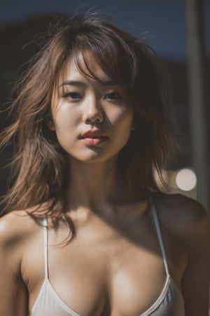 (from below:1.4). 27 year old girl, slim waist, tan lines, deep photo, depth of field, Superia 400, shadows, messy hair, perfect face and body, dark, nighttime, dark photo, grainy, seductive smirk, ((eyes closed)), korean girl, ,xxmixgirl,xxmix_girl