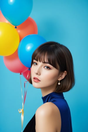 1 koera girl,Vogue style (magazine_cover:1.5) ,short hair,bangs,fashion outfit, portrait , colorfull ballon background , blue splash