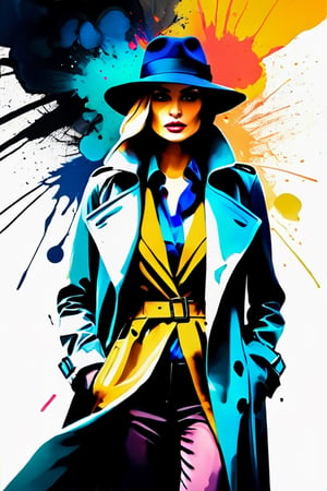 (ink color portrait:1.1), wanderer in a moody street portrait, a stylish determined woman in a trench coat and hat, (abstract color ink splash explosion:1.2)