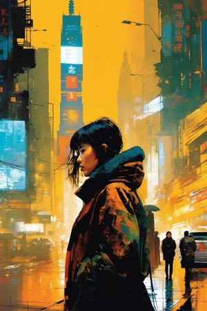 (double_exposure:1.5), blade runner city and  close up face of 1girl, art by Ian McQue,cyberpunk city,fuzzy coat,Taipei 101,