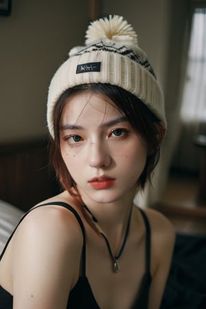 xxmixgirl,Thorough, analog style, eye focus, highest quality, (highly detailed skin), photo of a exquisitely beautiful pale skin punk Dutch girl, 21yo, (wearing harness, and beanie), perfect face, alluring eyes, [seductive makeup], skin pores, (piercing:0.5), indoor, messy bedroom, (bokeh:0.6), sharp focus, dappled lighting, (backlighting:0.7), film grain, photographed on a Sony A7R IV, 18mm F/1.7 cine lens, (highly detailed, intricately detailed), 8k, HDR, seductively posing, front view, (uppper body:0.9),FilmGirl